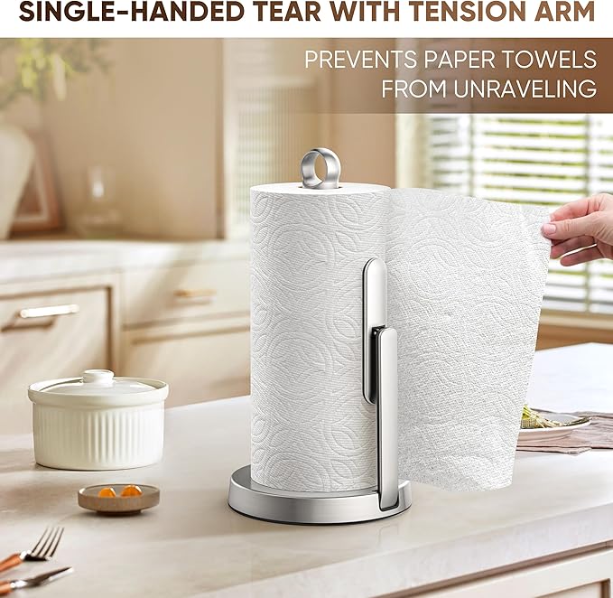 theaoo Heavy-Duty Stainless Steel Paper Towel Holder with Tension Arm – Easy One-Handed Tear, Modern Standing Countertop Dispenser for Kitchen, Holds All Paper Towel Rolls (1, Silver) - Image 7