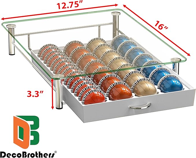 DecoBrothers Crystal Tempered Glass Vertuo Pod Holder Drawer, 28 Large or 56 Small Nespresso Capsule Organizer, White - Image 3