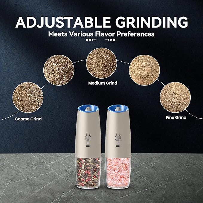 UNNEES Rechargeable Electric Salt and Pepper Grinder set of 2, gravity electric salt and pepper grinder set, Adjustable Roughness, LED Light, 2 Pack, (Khaki) - Image 3