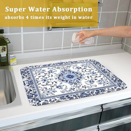 Boho Floral Dish Drying Mat 18x24 Inch Blue Leaves Kitchen Drying Pad Reversible Absorbent Dish Drainer Rack Mats Counter Tableware Decor