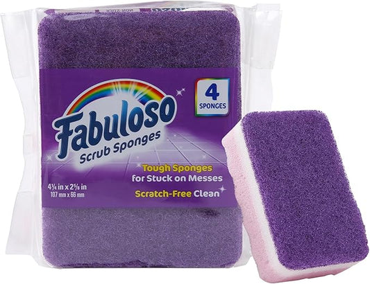 Fabuloso Scratch-Free Kitchen Dish Sponges, Purple Cellulose Scrubber Sponge with Scouring Pad for Dishes, Pots, Pans, Counters and Sinks, Tough on Messes, 4.25 x 2.75 x 1.25 in, 4 Count by Fabuloso