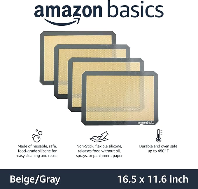 Amazon Basics Non-Stick Silicone Baking Mat, Food Safe, Dishwasher Safe, Heat Resistant, 16.5" x 11.6", Beige/Gray, Rectangular, 4-Pack - Image 2