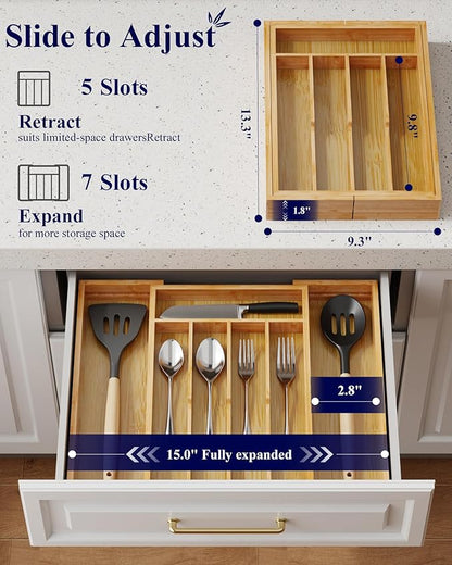 Kitsure Silverware Organizer - Expandable Bamboo Kitchen Drawer Organizer for Cooking Utensils and Cutlery, Sturdy & Thickened Kitchen Organizers and Storage Solution, Medium, Natural - Image 2