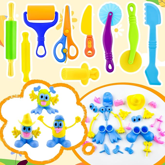Dough Play Tools for Kids,35pcs Clay Tools Play Accessories with Cutters, Roller, Rolling Pins, Safety Scissors, Plastic Knife, Dough Body Part