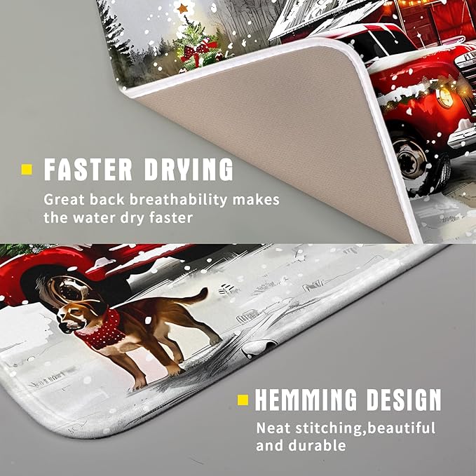 Red Truck Christmas Dish Drying Mat for Kitchen Counter 16x18 Inch Winter Xmas Tree Snowman Dog Print Absorbent Reversible Microfiber Drying Mats Kitchen Countertop Protector Dishes Drainer Rack Pad - Image 3