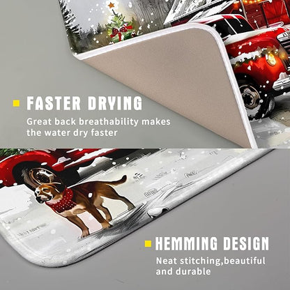 Red Truck Christmas Dish Drying Mat for Kitchen Counter 16x18 Inch Winter Xmas Tree Snowman Dog Print Absorbent Reversible Microfiber Drying Mats Kitchen Countertop Protector Dishes Drainer Rack Pad - Image 3