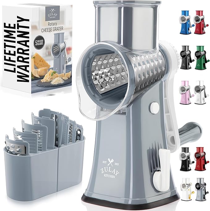 Zulay Kitchen Rotary Cheese Grater 5 Blade Cheese Shredder - Manual Hand Crank Cheese Grater With Reinforced Suction & 5 Interchangeable Drums - Easy to Use, Vegetable Chopper Round Mandoline Slicer by ZulayKitchen