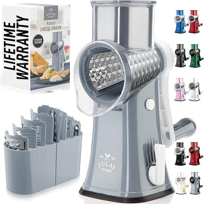 Zulay Kitchen Rotary Cheese Grater 5 Blade Cheese Shredder - Manual Hand Crank Cheese Grater With Reinforced Suction & 5 Interchangeable Drums - Easy to Use, Vegetable Chopper Round Mandoline Slicer by ZulayKitchen