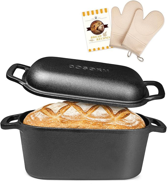 7QT Oval Dutch Oven for Sourdough Bread Baking, Pre-Seasoned Cast Iron Bread Pan with Lid, Even Heat Distribution for Homemade Bread