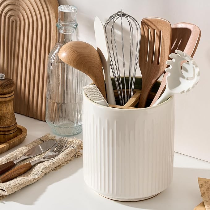 JIEMEI HOME Kitchen Utensil Holder, 7.2" Large Ceramic Stable Utensil Crock for Countertop, Utensil Organizer with Cork Mat, Removable Bamboo Divider for Easy, Kitchen Decor, White & Green - Image 2