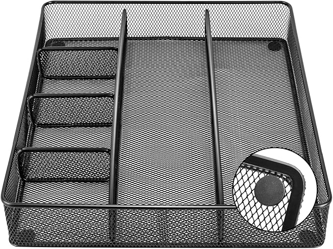 Amazon Basics Mesh Desk Drawer Organizer with 6 Compartments, Non-Slip Office Supplies Storage for Pens and Accessories, Black | Pack of 4 - Image 3