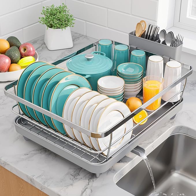 Sakugi Stainless Steel Dish Drying Rack for Kitchen Counter, Sink Organization and Storage Essentials with Silverware & Utensil Holder, Home and Apartment Decor, 12''W x 15.5''L, Silver by Sakugi