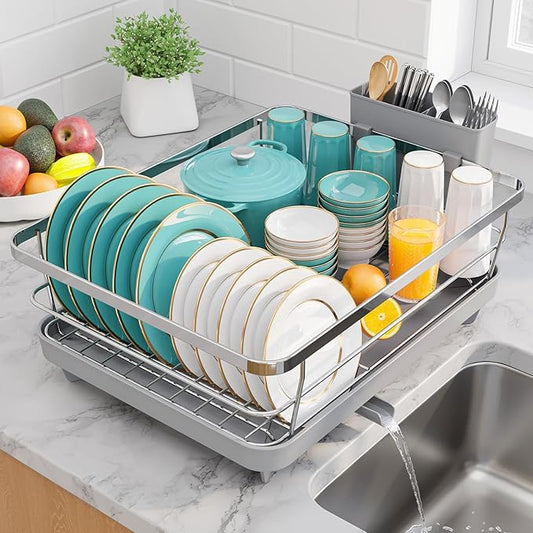Sakugi Stainless Steel Dish Drying Rack for Kitchen Counter, Sink Organization and Storage Essentials with Silverware & Utensil Holder, Home and Apartment Decor, 12''W x 15.5''L, Silver by Sakugi