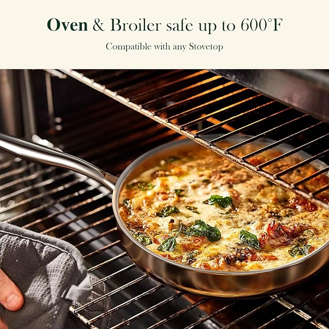 12 Inch Tri-Ply Stainless Steel Frying Pan, Frying Pan with Lid, PFOA/PTFE Free Skillet, Induction Cooking Pans, Dishwasher & Oven Broiler Safe 600F, Professional Cookware, Heavy Duty & Even Heat - Image 4