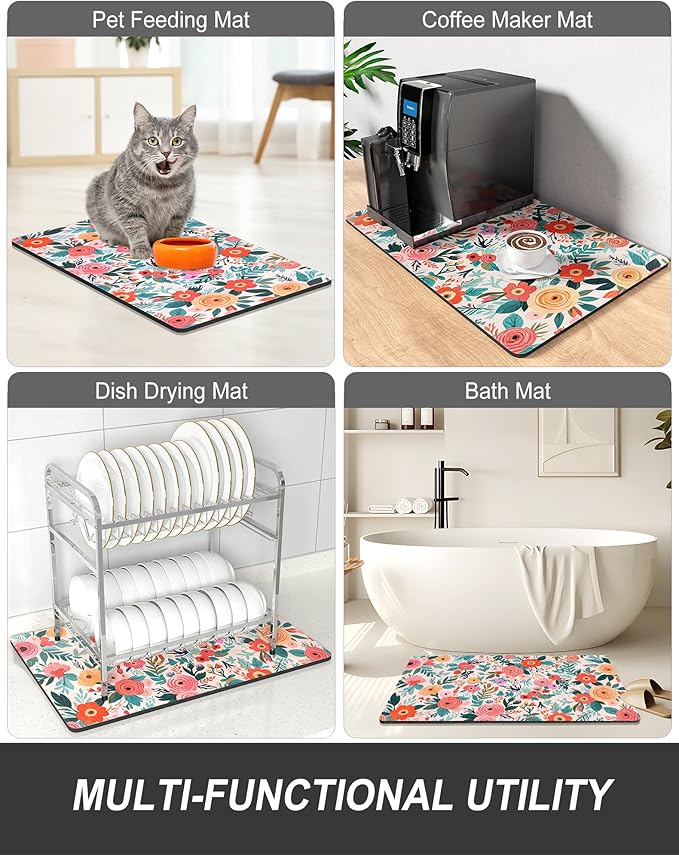 Rnivvi Dish Drying Mat for Kitchen Counter, XL 15 x 24" Cute Flower Super Absorbent Draining Pad, Non-Slip Heat Resistant Coffee Bar Mats for Coffee Machine Station Accessories, Colorful Dish Rack Pad - Image 7