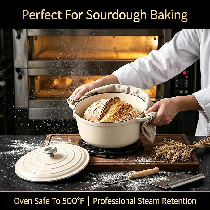 Nonstick Enameled Cast Iron Cookware Set - 8 Piece Pots and Pans with Lid, Frying Pan, Skillet, Dutch Oven Set for All Stovetops, Ideal for Sourdough Bread Baking, Comes with Organizer, Cream White