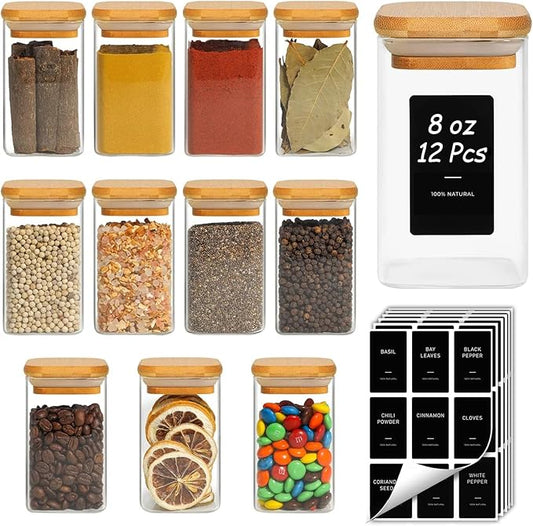 ComSaf 12Pcs Spice Jars with Labels, Glass Jar with Bamboo Lid, 8oz Airtight Square Containers with Black Lables, Empty Seasoning Jars for Spice, Salt, Pepper, Sugar by ComSaf