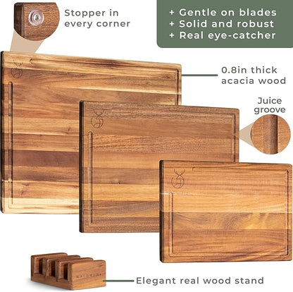 WALDWERK Cutting Board Set (15.75 x 12/13 x 9.5/10 x 7 in) out of Solid Acacia Wood - 0,8 in Thick Cutting Boards for Kitchen - Wood Cutting Boards - Wooden Chopping Boards for Kitchen