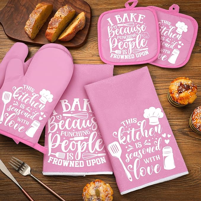 Sratte 6 Pcs Kitchen Decor Accessories Set Farmhouse Towels Pot Holders Oven Mitts Set 2 Dish Towels 2 Potholders 2 Cooking Mittens Oven Glove for Baking Cooking(Light Pink,Kitchen) - Image 7