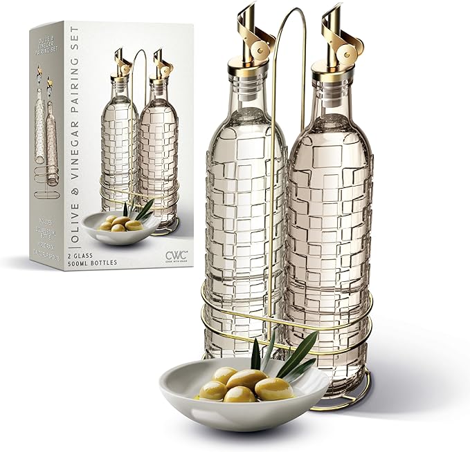 COOK WITH COLOR Glass Olive Oil Bottle Dispenser - 2 Pack- 17oz Oil and Vinegar Cruet - Olive Oil Carafe Decanter for Kitchen, Checkered, Brown by CookwithColor