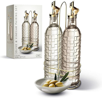 COOK WITH COLOR Glass Olive Oil Bottle Dispenser - 2 Pack- 17oz Oil and Vinegar Cruet - Olive Oil Carafe Decanter for Kitchen, Checkered, Brown by CookwithColor
