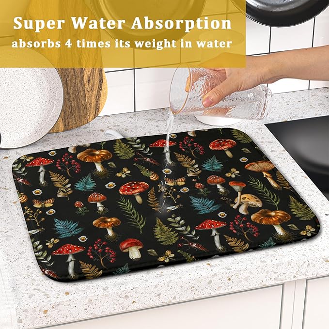 Mushroom Forest Dish Drying Mat Fern Leaves Black Drainer Mat for Kitchen Countertop 16 X 18 Inch - Image 7