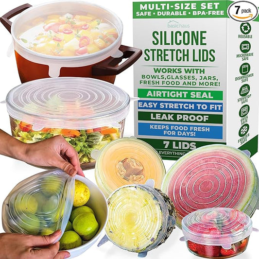 Reusable Silicone Stretch Lids for Food Storage in Fridge - Elastic Heat-Resistant Bowl Covers, Cups, Cans, Jars - Universal Food Grade Lid for Round and Rectangle Containers - Dishwasher Safe -7 Pack by BasicHaus