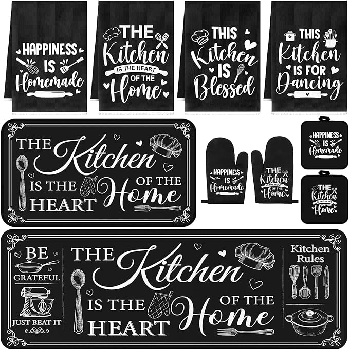 Fourluoo 10 Pcs Farmhouse Kitchen Decor and Accessories Set 4 Kitchen Towels 2 Pot Holders 2 Oven Mitts 2 Rugs for Cooking Baking Mom Housewarming Gifts(Black,Classic Style) by Fourluoo