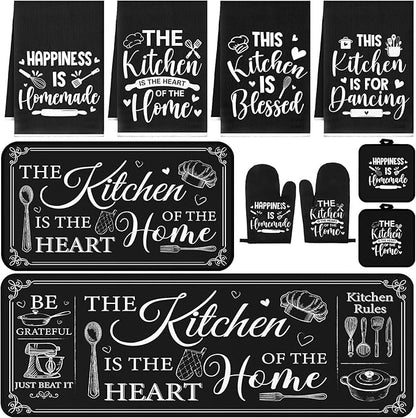 Fourluoo 10 Pcs Farmhouse Kitchen Decor and Accessories Set 4 Kitchen Towels 2 Pot Holders 2 Oven Mitts 2 Rugs for Cooking Baking Mom Housewarming Gifts(Black,Classic Style) by Fourluoo