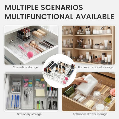 33 PCS Clear Plastic Drawer Organizer Set, 4 Sizes Acrylic Drawer Storage Trays Non Slip Storage Bins for Makeup, Jewelry, Gadgets for Kitchen, Bedroom, Bathroom, Office