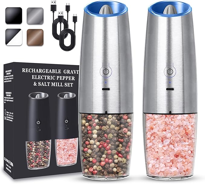 UNNEES Rechargeable Electric Salt and Pepper Grinder set of 2, gravity electric salt and pepper grinder set, Adjustable Roughness, LED Light, 2 Pack, (Silver) by UNNEES