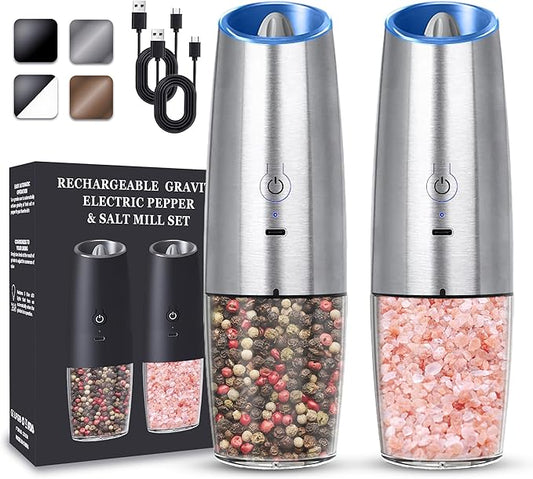 UNNEES Rechargeable Electric Salt and Pepper Grinder set of 2, gravity electric salt and pepper grinder set, Adjustable Roughness, LED Light, 2 Pack, (Silver) by UNNEES