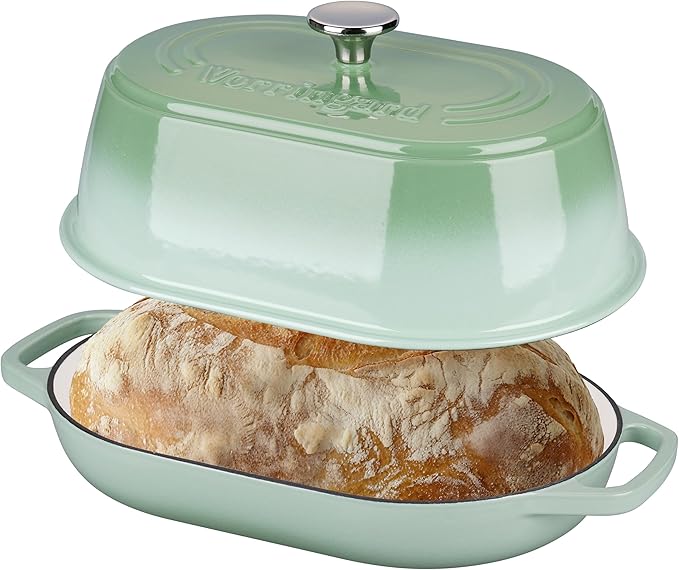 VORRINGARD Enameled Cast Iron Dutch Oven Pot with Dome Lid, Oval Bread Oven for Homemade Sourdough Bread Baking, Oven Safe up to 500°F, 6 Quart, Green