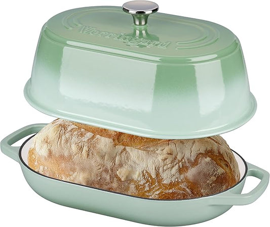 VORRINGARD Enameled Cast Iron Dutch Oven Pot with Dome Lid, Oval Bread Oven for Homemade Sourdough Bread Baking, Oven Safe up to 500°F, 6 Quart, Green