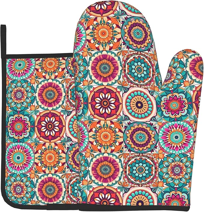 Boho Oven Mitts and Pot Holders - Mexican Flower Kitchen Mitt Sets of 2 Bohemian Oven Gloves Hot Pads for Cooking Baking Grilling by DZGlobal