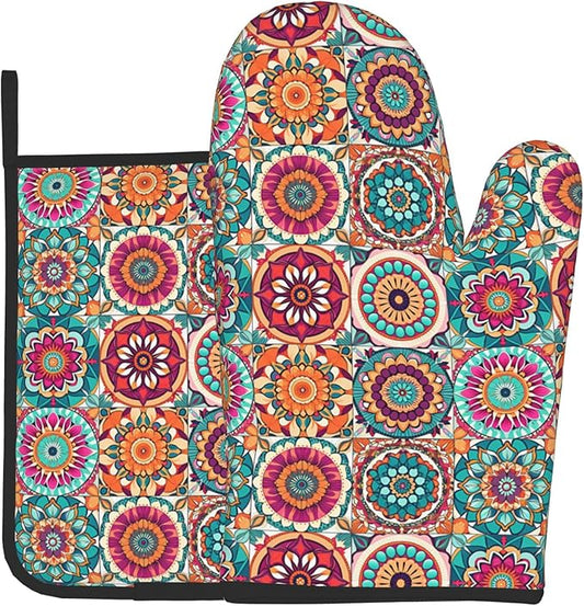 Boho Oven Mitts and Pot Holders - Mexican Flower Kitchen Mitt Sets of 2 Bohemian Oven Gloves Hot Pads for Cooking Baking Grilling by DZGlobal