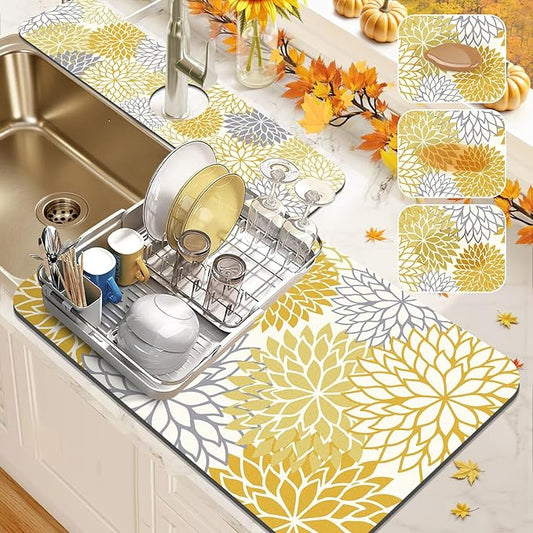 Findosom 2PCS 12" x 20" Fall Dish Drying Mat & 24" x 5.5" Sink Splash Guard, Super Absorbent & Cuttable Dish Mat Drying Kitchen Mat with Yellow Floral, Hide Stain Drying Mat for Kitchen Counter by Findosom