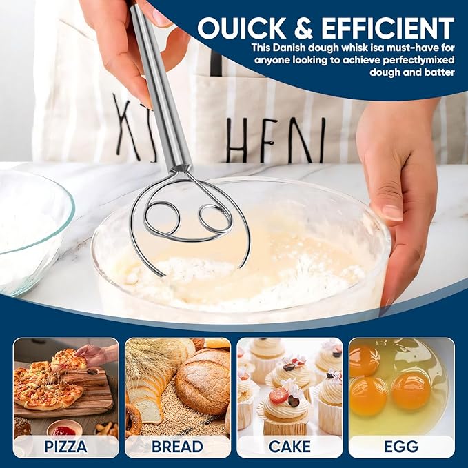 Danish Dough Whisk Stainless Steel Wooden Handle for Sourdough Bread Pizza and Pastry Making - Image 4