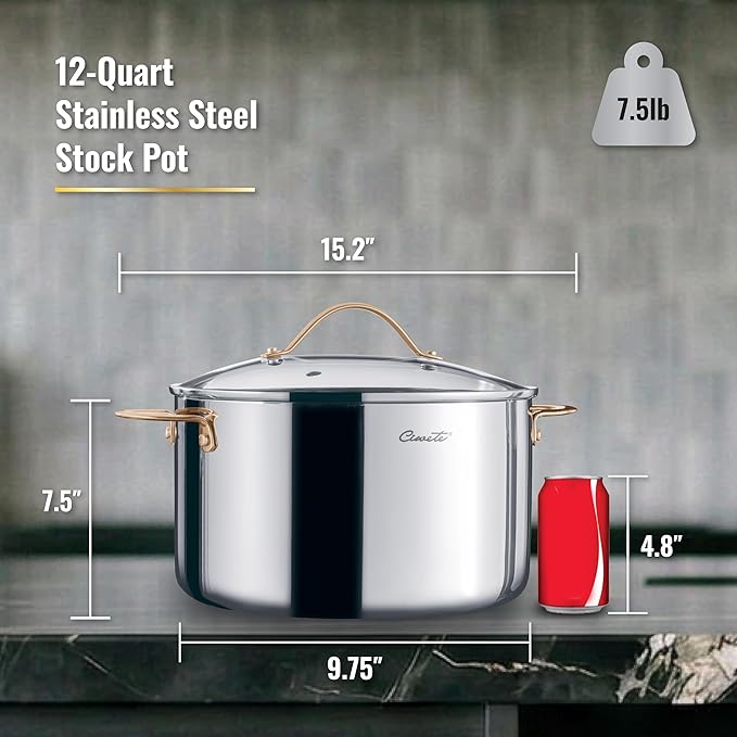 Ciwete Stock Pot 12 Quart, 18/10 Tri-Ply Stainless Steel Whole Clad Stock Pot with Lid, Seamless 12 QT Cooking Pot with Copper Handle, Healthy Stockpots, Induction, Gas, Oven and Dishwasher Safe - Image 9