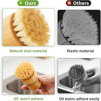 SUBEKYU Bamboo Dish Scrub Brush for Kitchen Sink, Natural Wooden Washing Dish Brush Scrubber with Sisal Bristles for Household Cleaning, Cast Iron Pots, Pans and Vegetables - Image 3