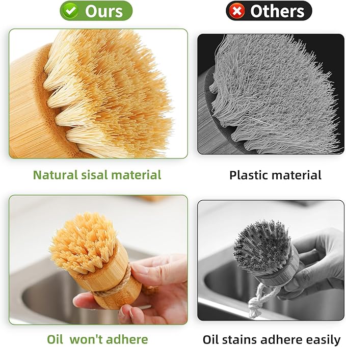 SUBEKYU Bamboo Dish Scrub Brushes, Bubble Up Bamboo Dish Brush Set with Brush Tray, Kitchen Wooden Cleaning Scrubbers Set for Washing Cast Iron Pan/Pot, Natural Sisal +Coconut Palbristles, Set of 2 - Image 4