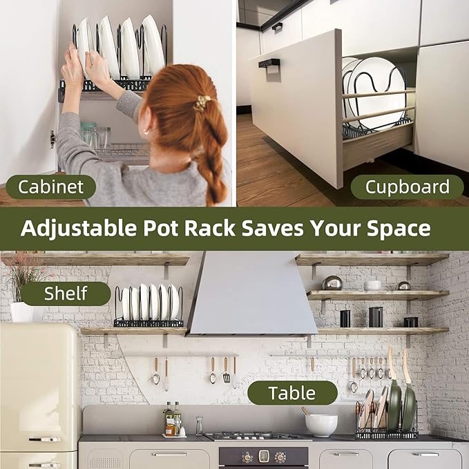 ROOHUA Pot Rack -Expandable Pan Organizer for Cabinet, Lid Holder with 10 Adjustable Compartment for Kitchen Cabinet Cookware Baking Frying Rack - Image 6