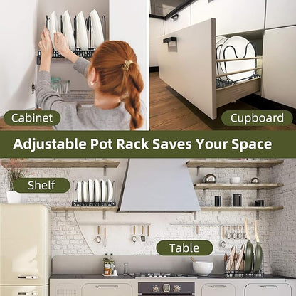 ROOHUA Pot Rack -Expandable Pan Organizer for Cabinet, Lid Holder with 10 Adjustable Compartment for Kitchen Cabinet Cookware Baking Frying Rack - Image 6
