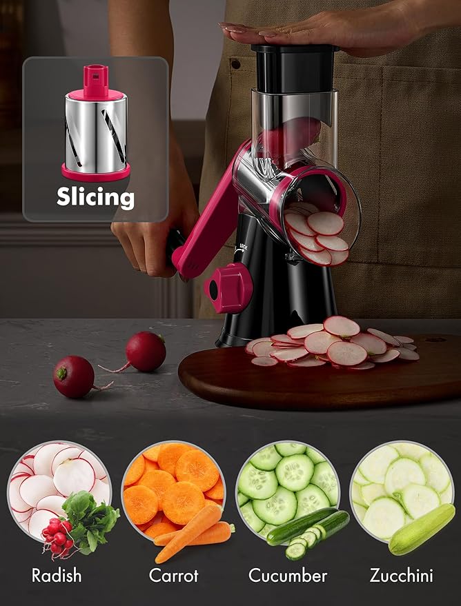 Cheese Grater Rotary, Rotary Grater for Kitchen, Kitchen Vegetable Slicer with 3 Drum Blades, Fast Cutting Cheese Shredder for Vegetables and Nuts (Black+Rosy, 3 BLADES) - Image 2