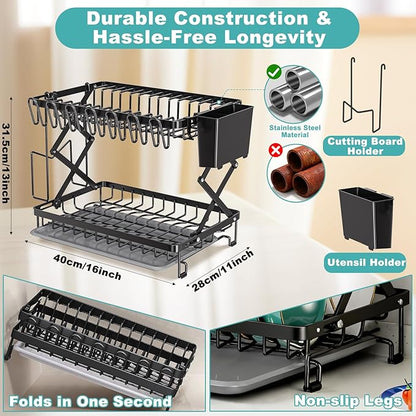 2-Tier Dish Racks for Kitchen Counter, Stainless Steel Kitchen Dish Drying Rack Large Dish Drainers for Kitchens Counter, Space Saving Dishes Strainer for Bowl, Plate, Cup - Modern Counter Organizer - Image 3