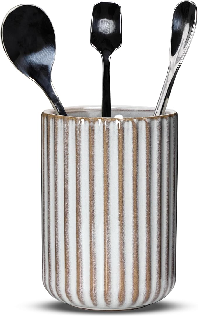 Ceramic Spoon Holder for Coffee Bar, Upright Tea Spoon Holder Cup, Coffee Stirrers Straws Stir Stick Holder, Fish Belly White Fluted Surface by U-TIMES