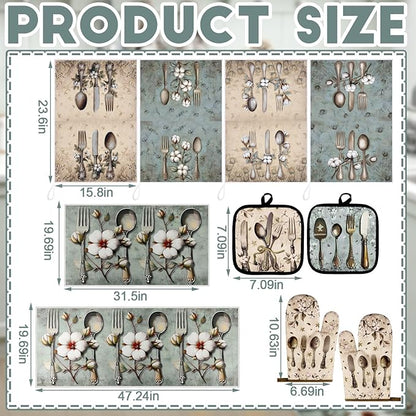 Fourluoo 10 Pcs Farmhouse Kitchen Decor and Accessories Set 4 Kitchen Towels 2 Pot Holders 2 Oven Mitts 2 Rugs for Cooking Baking Mom Housewarming Gifts(Soft Color,Elegant Style) - Image 3
