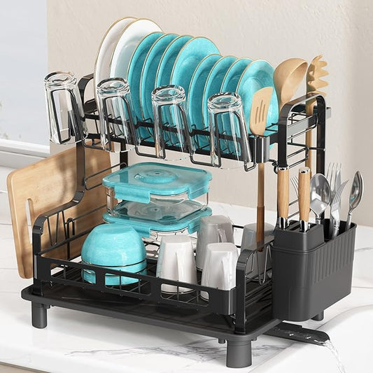 BOOSINY Dish Drying Rack, 2 Tier Large Stainless Steel Black Dish Rack with Drainboard Set for Kitchen Counter, Space Saving Plates Drainer Rack with Cups Holder & Utensil Holder, Dish Strainer Holder by Boosiny