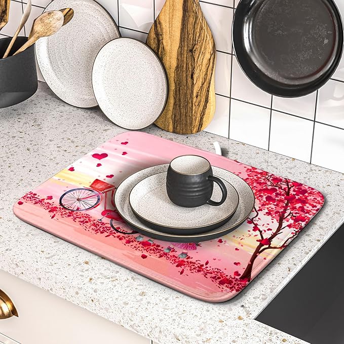 Pink Heart Valentine's Day Gnomes Dish Drying Mat for Kitchen Counter,Pink Bicycle Love Tree Drying Mat 16 x 18 Inch with Absorbent Reversible Microfiber Dish Drying Pad Dish Rack Pad for Coffee Bar - Image 5