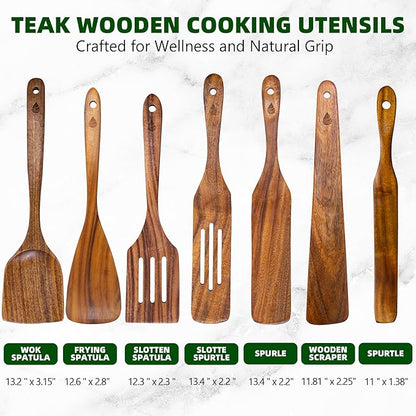 7 PCS Wooden Spatula for Cooking, Natural Teak Wooden Utensil Set, Non-Toxic Wood Cooking Utensil, Handmade Comfort Grip Wood Spoons for Nonstick Cookware - Image 2